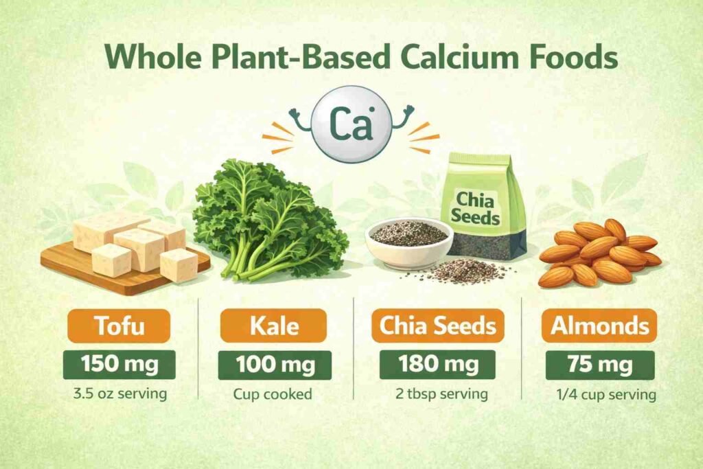 Infographic showing whole plant-based calcium foods like tofu, kale, chia seeds, almonds with calcium content