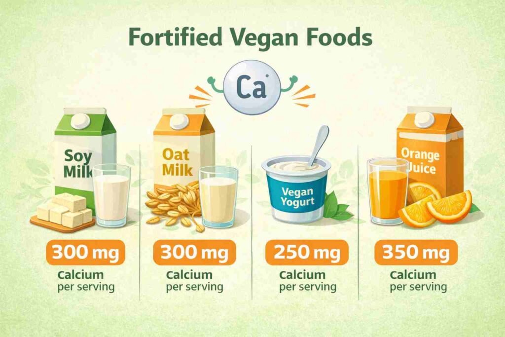 Fortified vegan foods like soy milk, oat milk, vegan yogurt, and orange juice with calcium content per serving