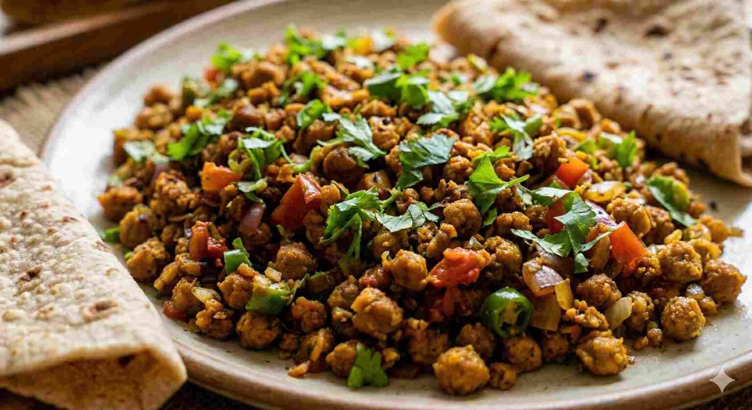 Masala soya granules served with coriander – a protein-dense vegan dish