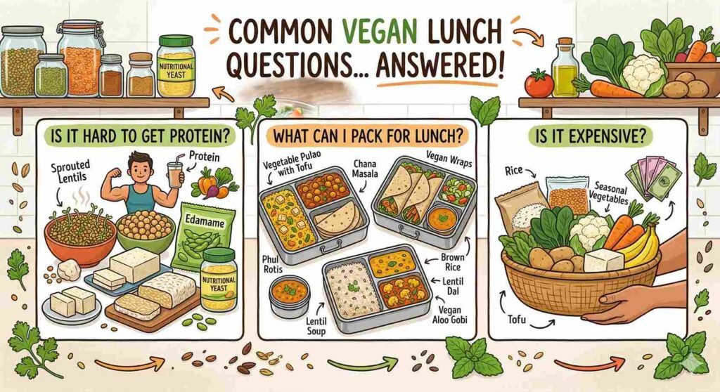 Illustration of vegan cooking elements representing common vegan lunch questions