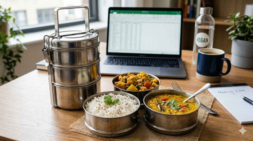 Vegan Indian tiffin with dal, rice, and vegetables packed for office lunch