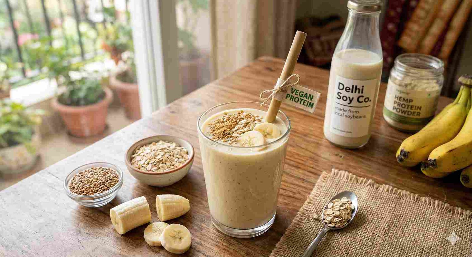 Banana oats smoothie made with soy milk and flaxseeds – vegan protein drink