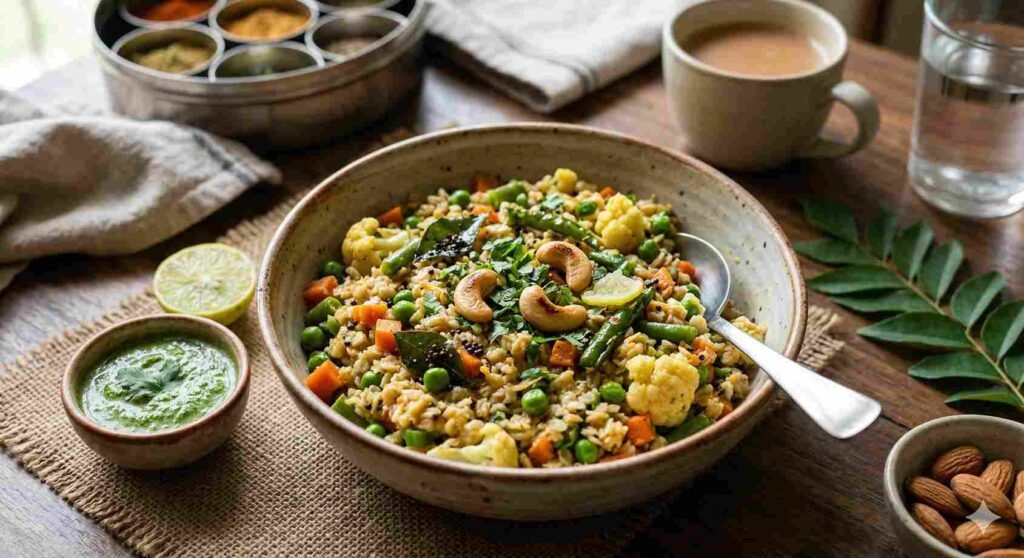 Vegetable oats upma in a bowl – healthy vegan breakfast recipe