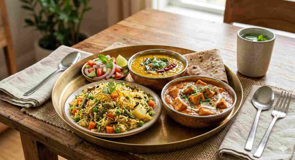 Selection of vegan Indian lunch recipes like dal, pulao, and tofu curry served together