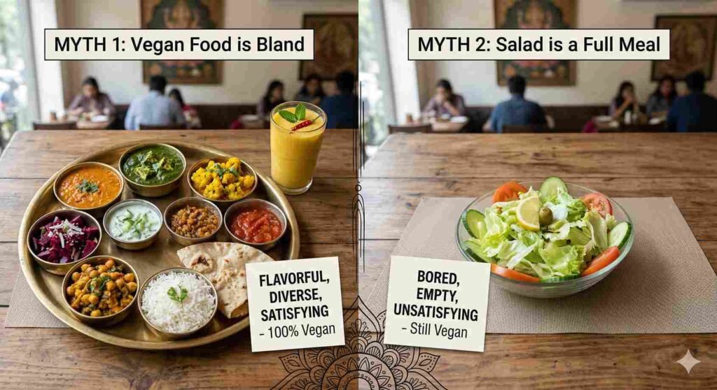 Comparison showing colorful Indian vegan thali versus plain salad, breaking vegan food myths