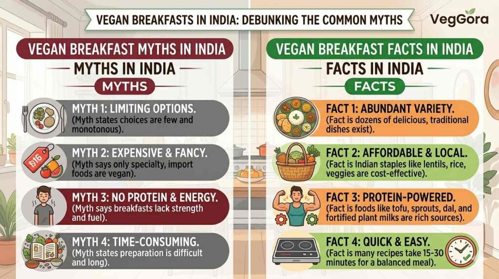Infographic showing myths vs facts about vegan breakfasts in India