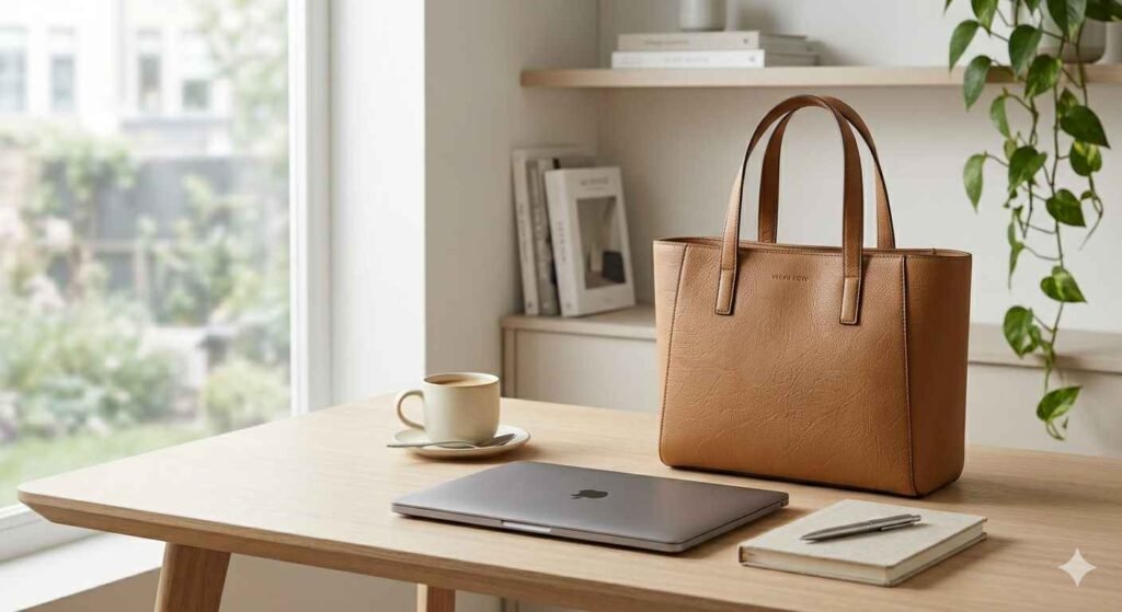 Vegan leather tote bag for office and laptop use