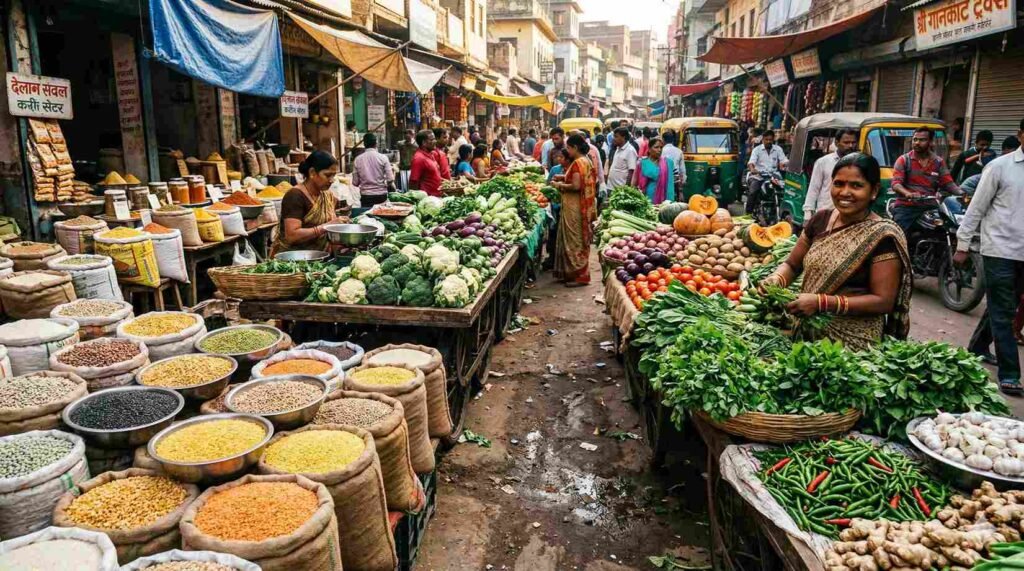 You said Fresh vegetables and lentils in an Indian street market, ideal for vegan cooking