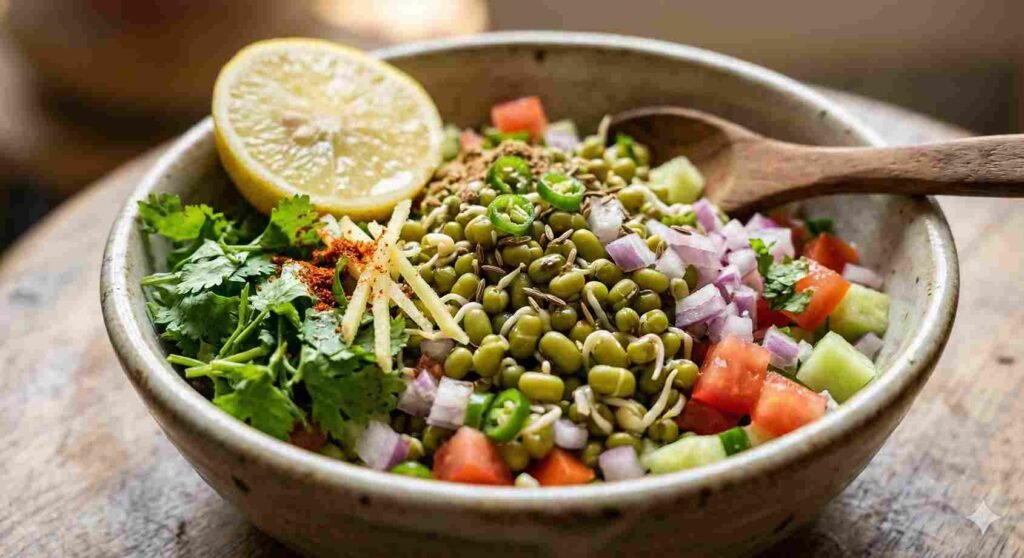 Sprouted moong salad with lemon – a protein-rich vegan breakfast option