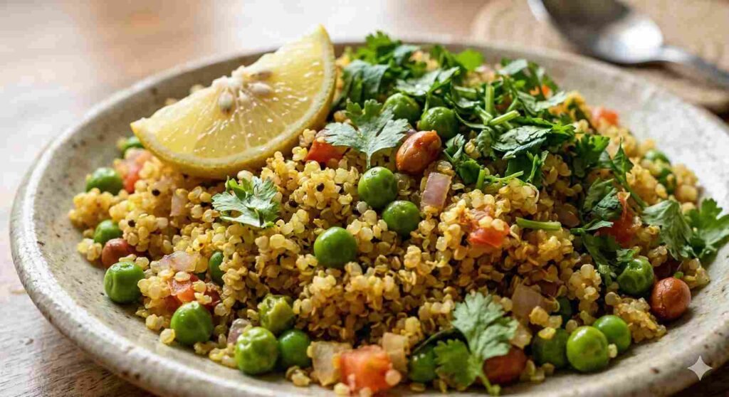 Indian quinoa poha with peas and lemon – a healthy plant-based breakfast