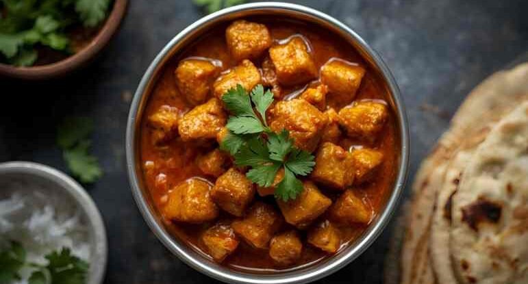 Masala soya granules served with coriander – a protein-dense vegan dish