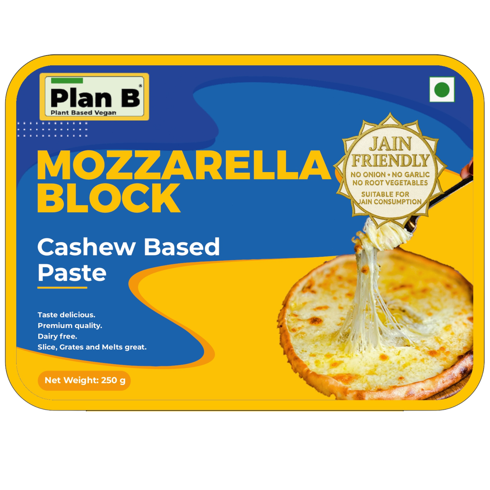 Cheddar-block-1-1.png Plan B Plant-Based Mozzarella Block (Jain Friendly) - 250g - Image 1