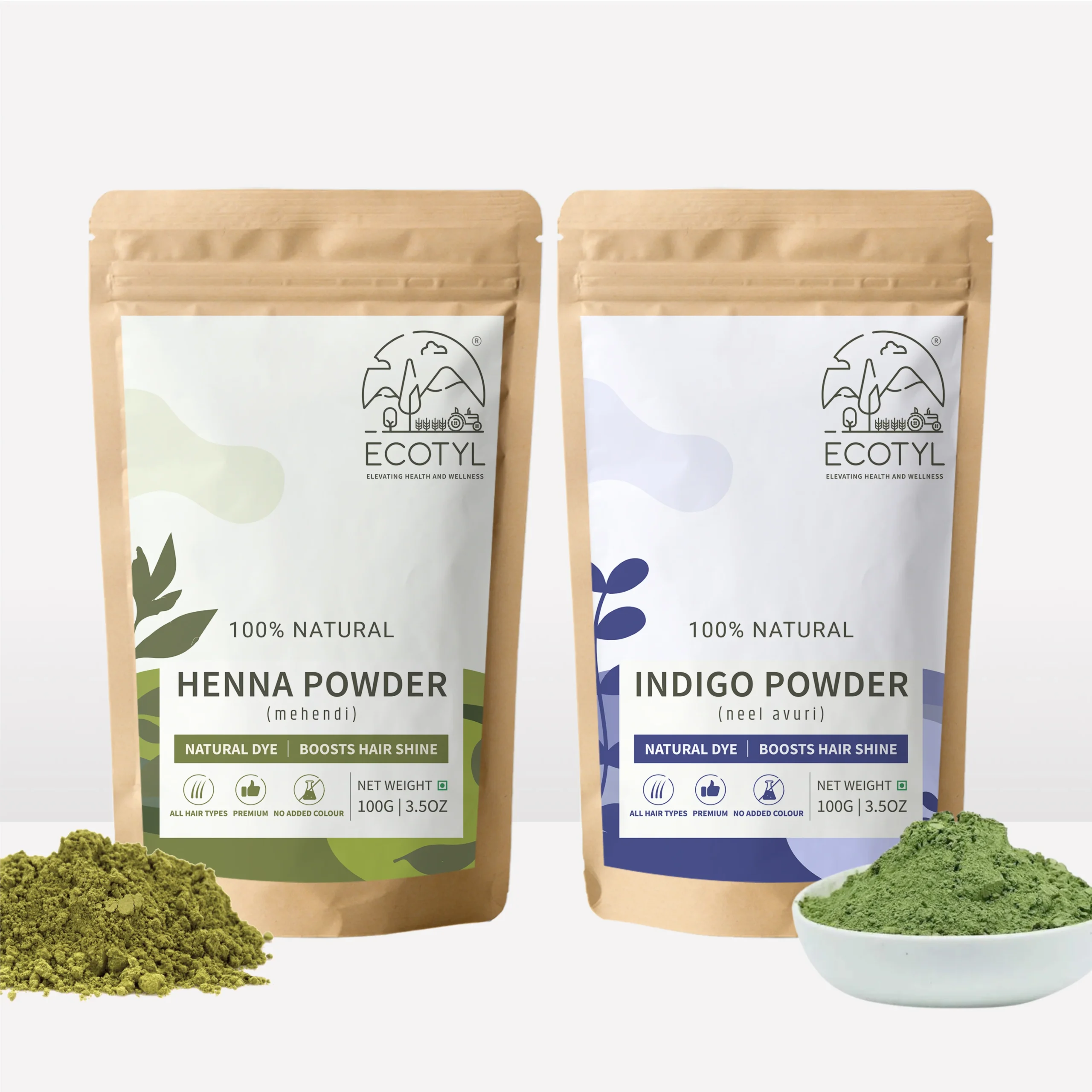 HennaPowderandIndigoPowder-HairColourCombo1-scaled-1.webp Natural Henna & Indigo Hair Colour Combo – Herbal Dye for Brown to Black Shades (100 g + 100 g) - Image 1