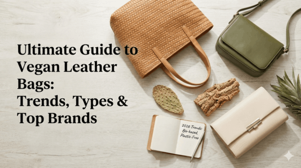 Flat lay of luxury vegan leather bags in tan, olive, and cream textures, arranged with raw sustainable materials like cactus and cork.