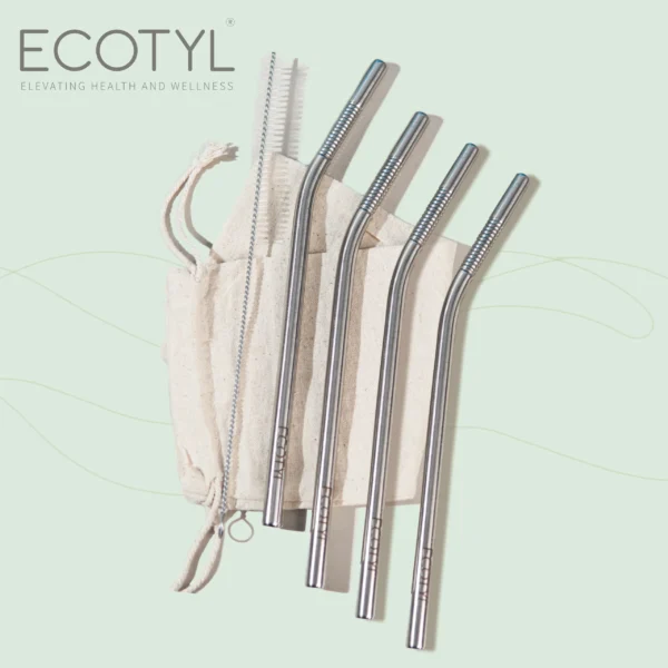 Ecotyl Stainless Steel Bent Straw Set + Cleaning Brush – Reusable Eco-Friendly Drink Straws (Set of 2)