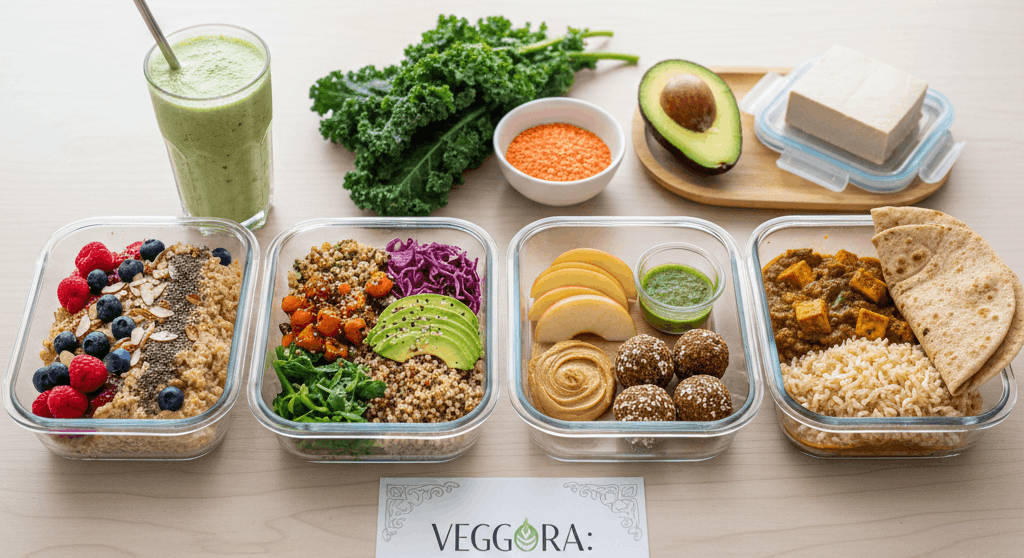 Glass meal prep containers filled with varied vegan meals like oatmeal, quinoa salad, and curry, alongside a green smoothie, raw ingredients, and a "VEGGORA: 7-DAY VEGAN MEAL PLAN" card on a light wooden table.