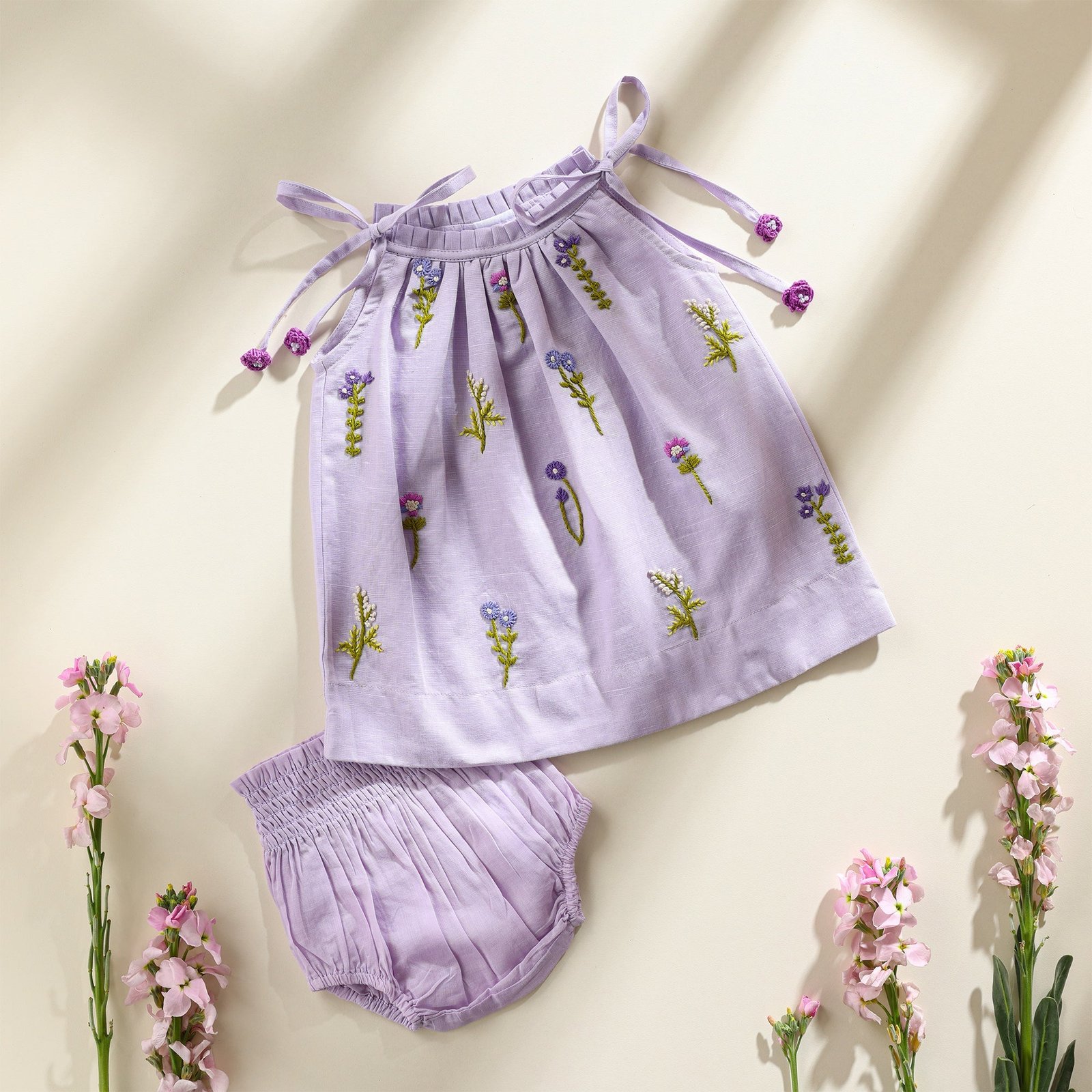 1_74c113f8-7a6d-4bc9-9650-981c6ef3e324.jpg Poshaak Hand Embroidered Gather Top with Underpants - Lavender - Image 1