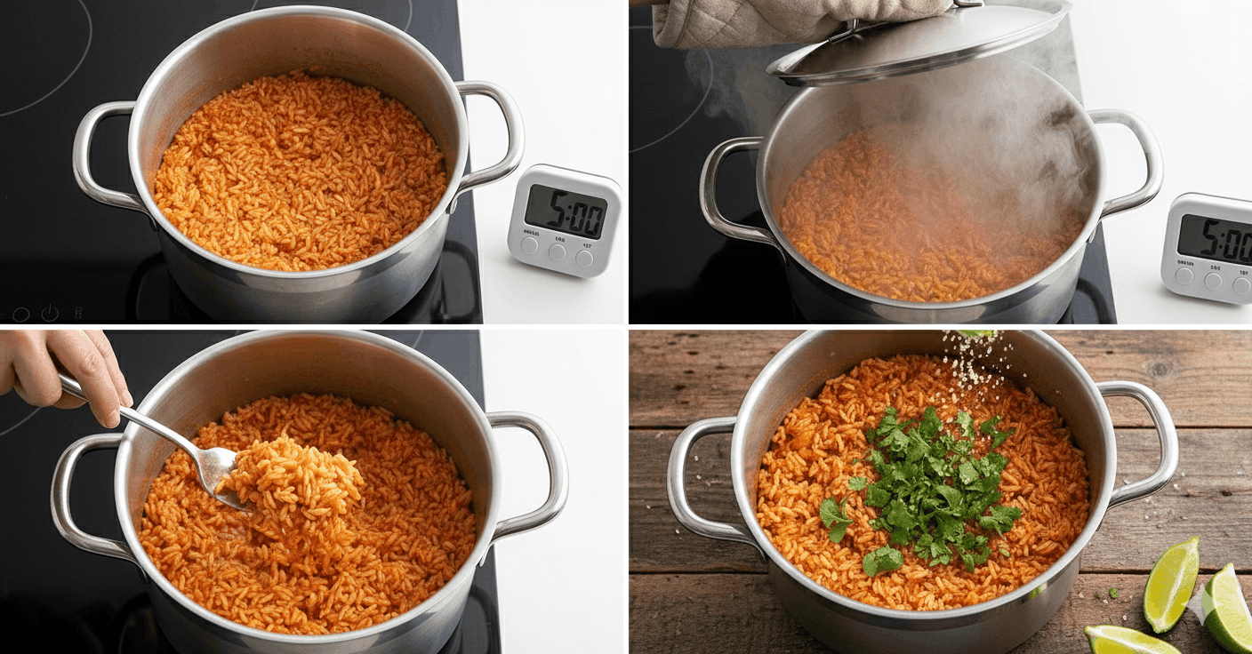 A four-panel collage showing the final steps of cooking red rice: simmering with a digital timer, removing the lid to release steam, fluffing the rice with a fork, and garnishing with fresh cilantro and lime.