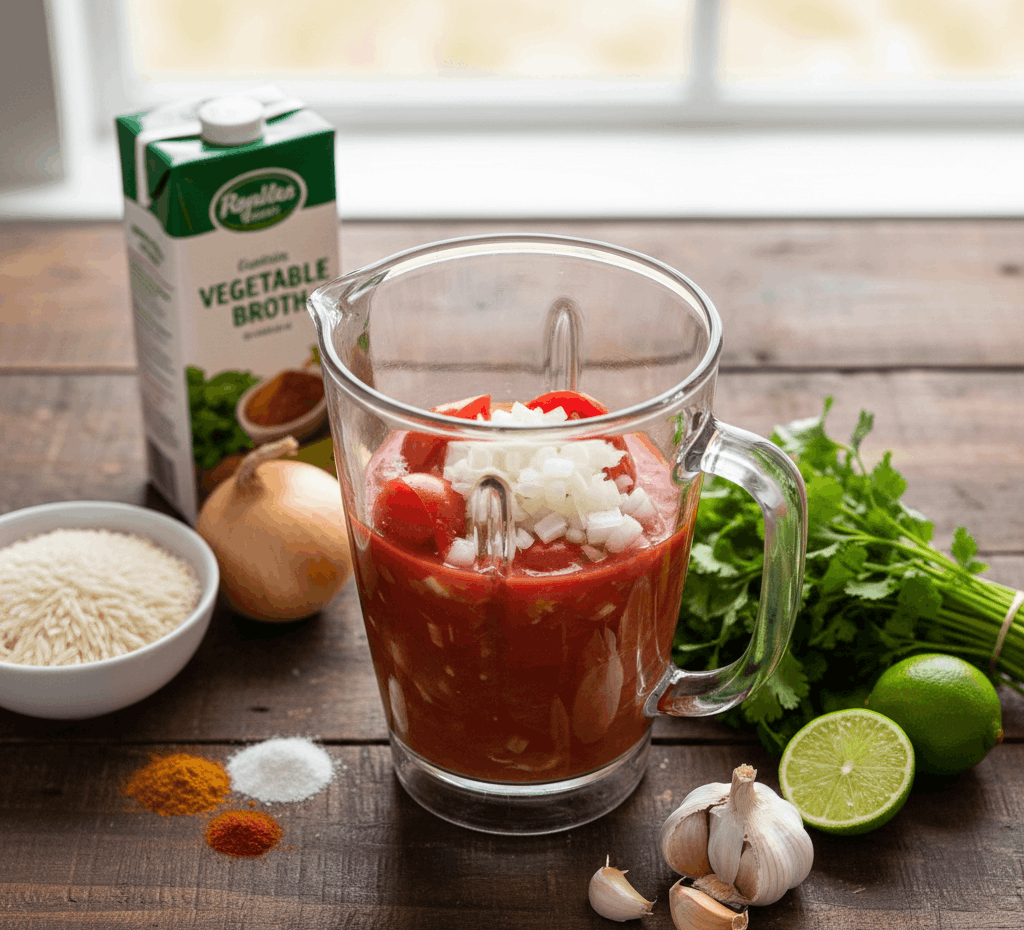 A glass blender jar filled with tomato sauce, diced onions, and whole tomatoes, surrounded by fresh ingredients like garlic, lime, cilantro, and vegetable broth on a wooden table.