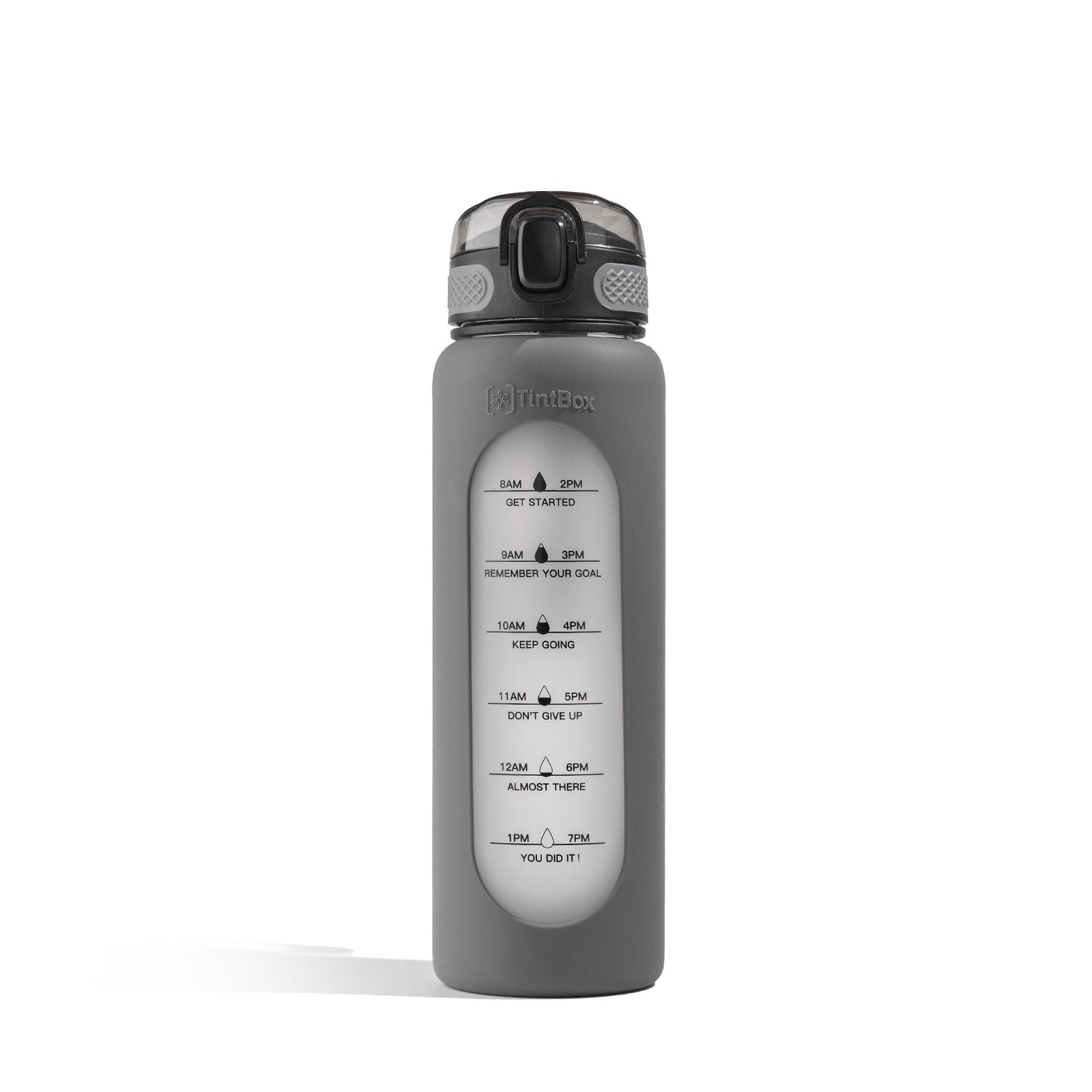 MotivvationalBottleGravityGrayPDP1.jpg Motivational Borosilicate Glass Water Bottle 1 litre, Glass Sipper Bottle with Straw for Fridge, Office, Gym & Travel - Image 1