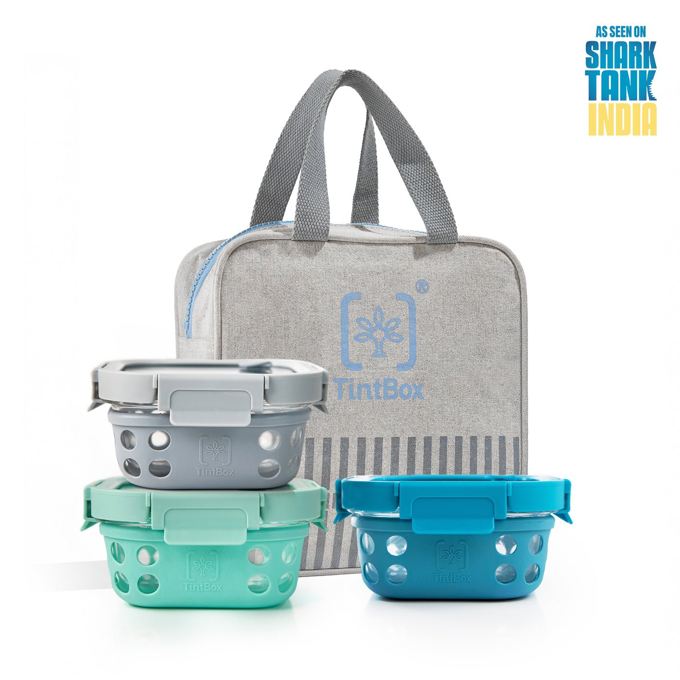 New_new_combos_1.jpg Glass Up Borosilicate Glass Lunch Box Set of 3 (500ml x 3) with Silicone Sleeve with Canvas Lunch Bag | Microwave Safe & Leak proof Tiffin Box By TintBox - Image 1