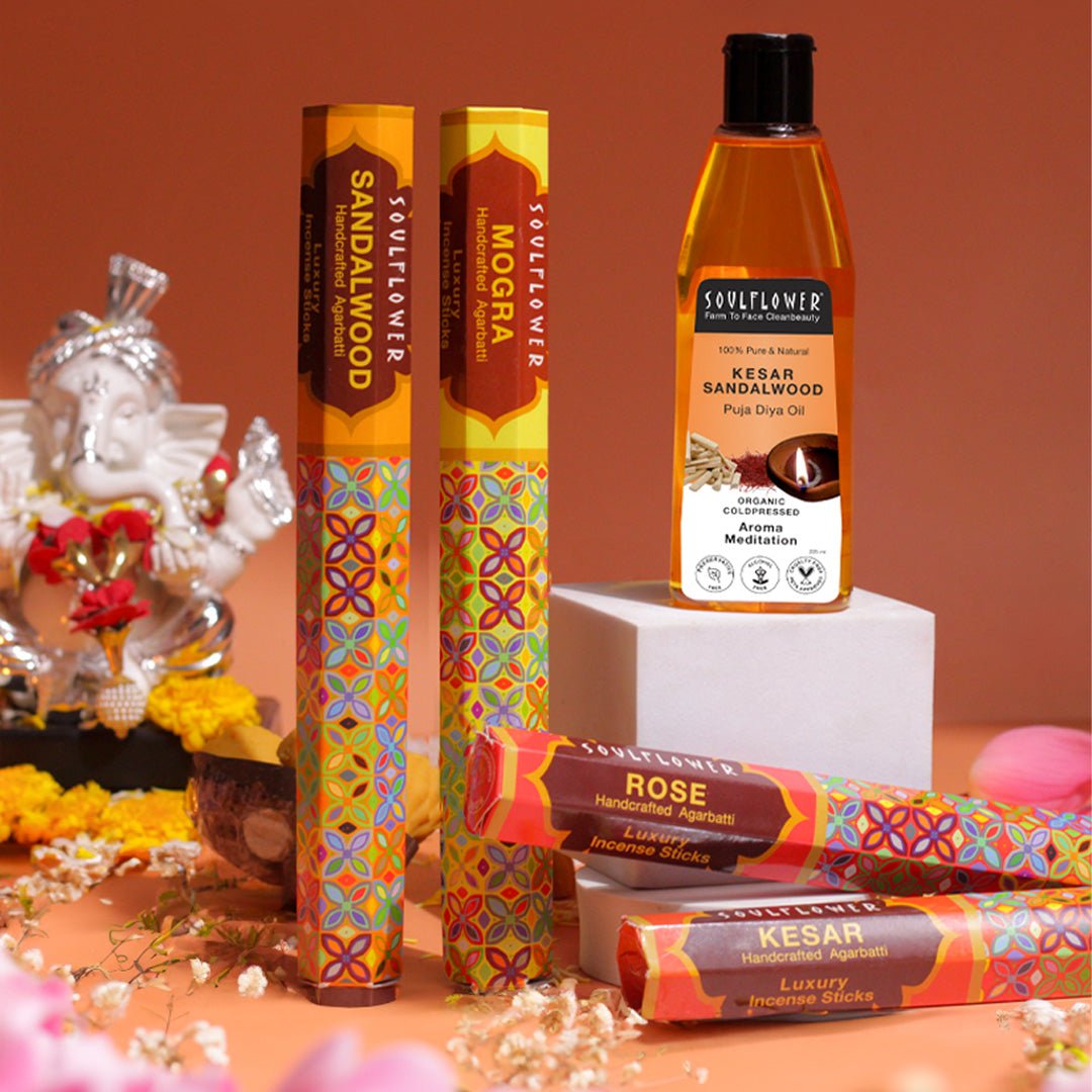 Puja_Oil_and_Sandalwood_Agarbatti.jpg Puja Oil + Agarbatti for Divinely Aroma - Image 1