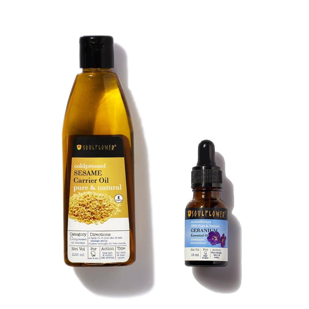 SESAME-GERANIUM-ESS-OIL.jpg Geranium Essential Oil & Sesame Carrier Oil Combo - Image 1