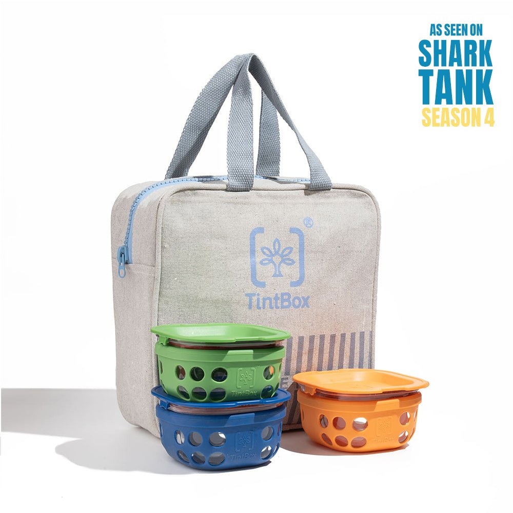 Shark_tank_Webiste_3_Box_Bag_images_1.jpg Borosilicate Glass Lunch Box Set of 3 (300ml x 3) with Silicone Sleeve with Canvas Lunch Bag | Microwave Safe & Leak proof Tiffin Box By TintBox - Image 1