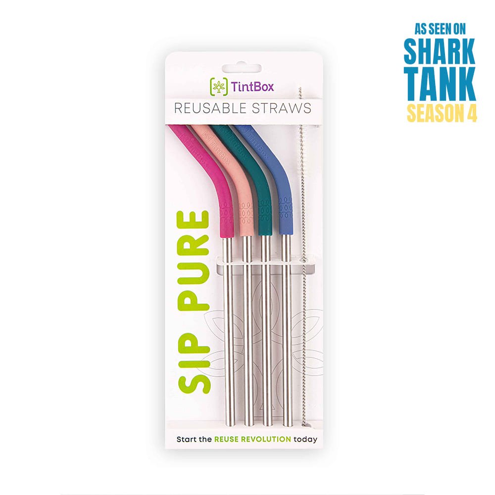 Shark_tank_Webiste_Straw_images_1.jpg Pack of 4 Stainless Steel Straws with Silicone Tip and Cleaning Brush - Image 1