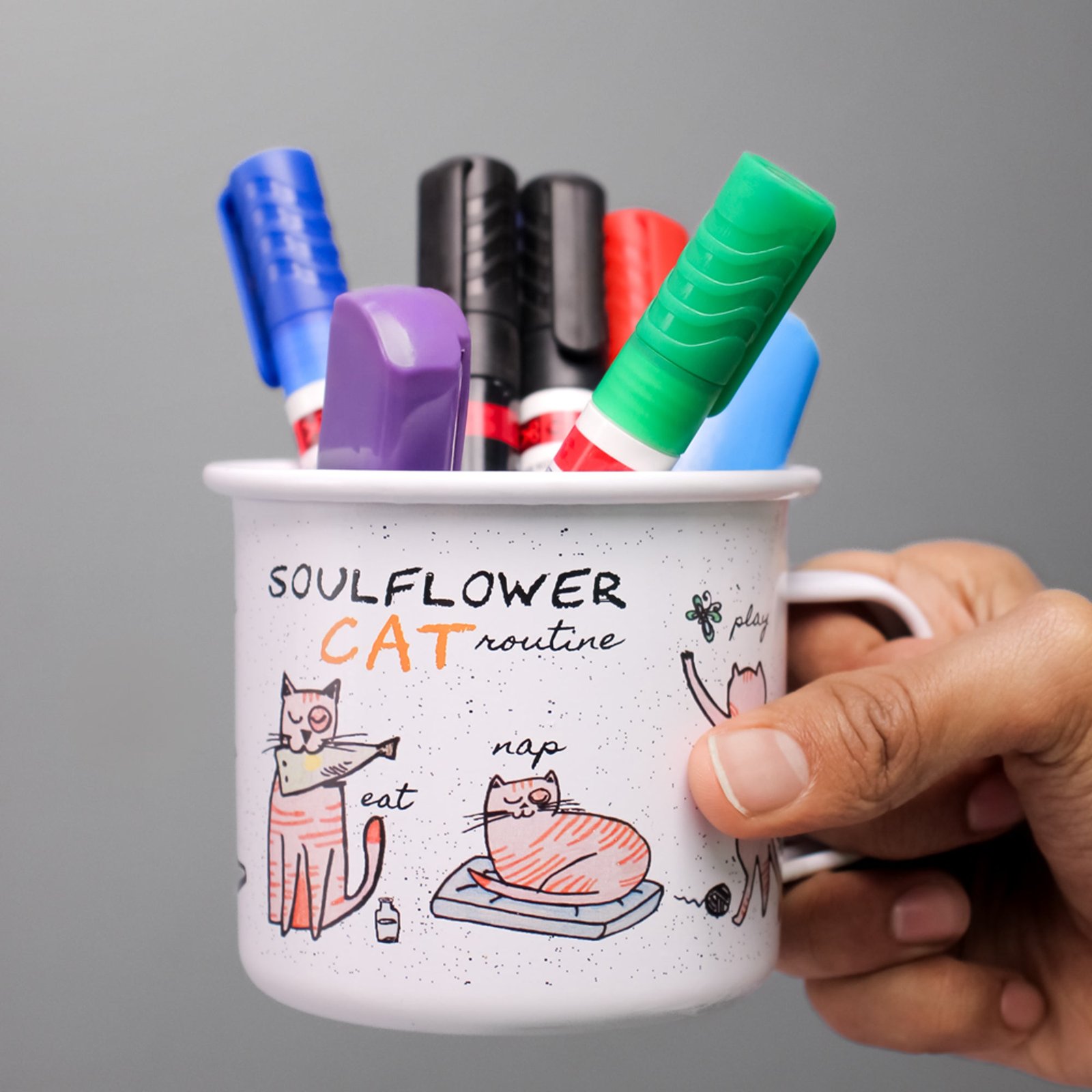 Soulflower-Mug.jpg Soulflower Enamel Cat Routine Mug - Image 1