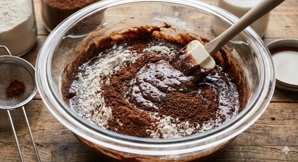 A glass bowl showing flour and cocoa powder being gently folded into dark chocolate batter with a spatula for a vegan brownie recipe.