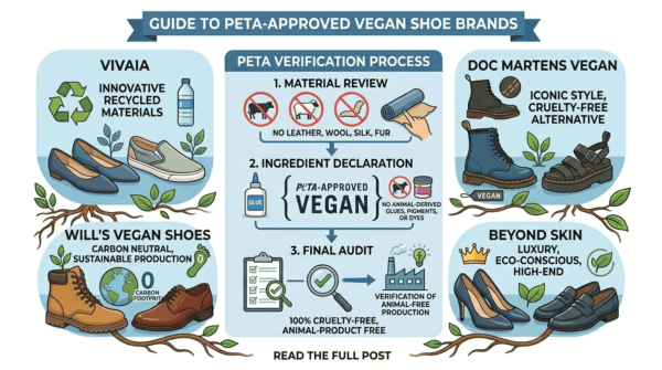An infographic detailing the PETA-Approved Vegan certification process and featuring brands like Vivaia, Doc Martens Vegan, Will's Vegan Shoes, and Beyond Skin. It illustrates steps including material review, ingredient declaration for glues/dyes, and final audit.