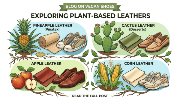 An infographic titled "Exploring Plant-Based Leathers" showing four types of vegan leather: Pineapple (Piñatex) with sneakers, Cactus (Desserto) with loafers, Apple leather with dress shoes, and Corn leather with athletic trainers.