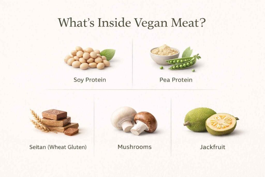 “ingredients used in vegan meat soy pea protein seitan mushrooms jackfruit”
