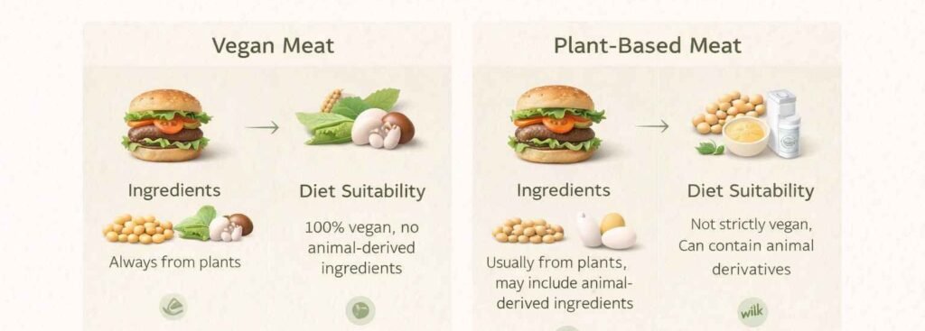 difference between vegan meat and plant based meat comparison chart ingredients and definition