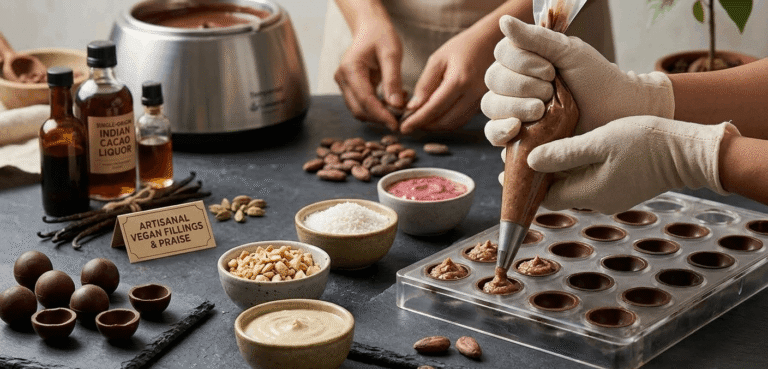 Hands in white gloves piping cream-colored vegan filling into round chocolate molds on a workstation with cacao liquor, vanilla beans, and bowls of nuts.