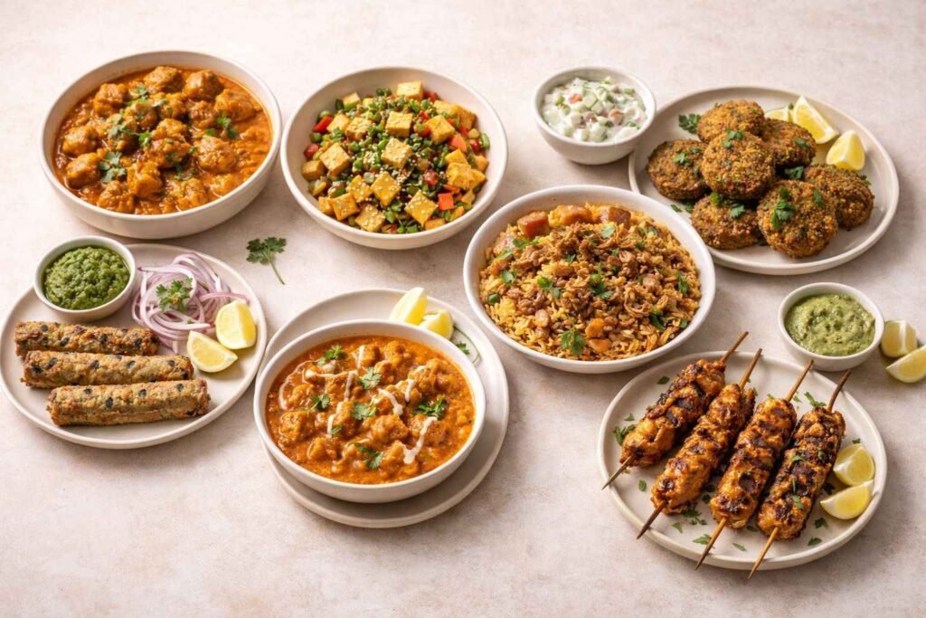 “indian vegan meat alternatives soya chunks tofu stir fry vegan kebabs soya chaap”