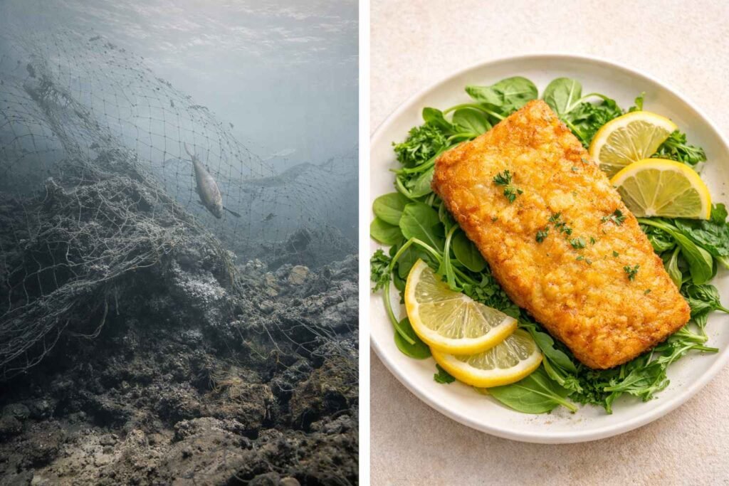 Comparison of ocean overfishing and a healthy vegan fish meal showing sustainable food choice