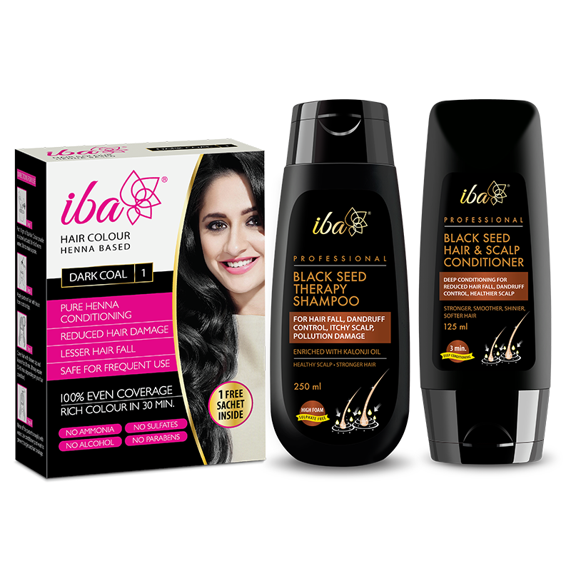 DarkCoal-Shampoo_Conditioner.png Iba Black Seed Therapy Shampoo + Conditioner + Hair Color- Dark Coal Combo - Image 1