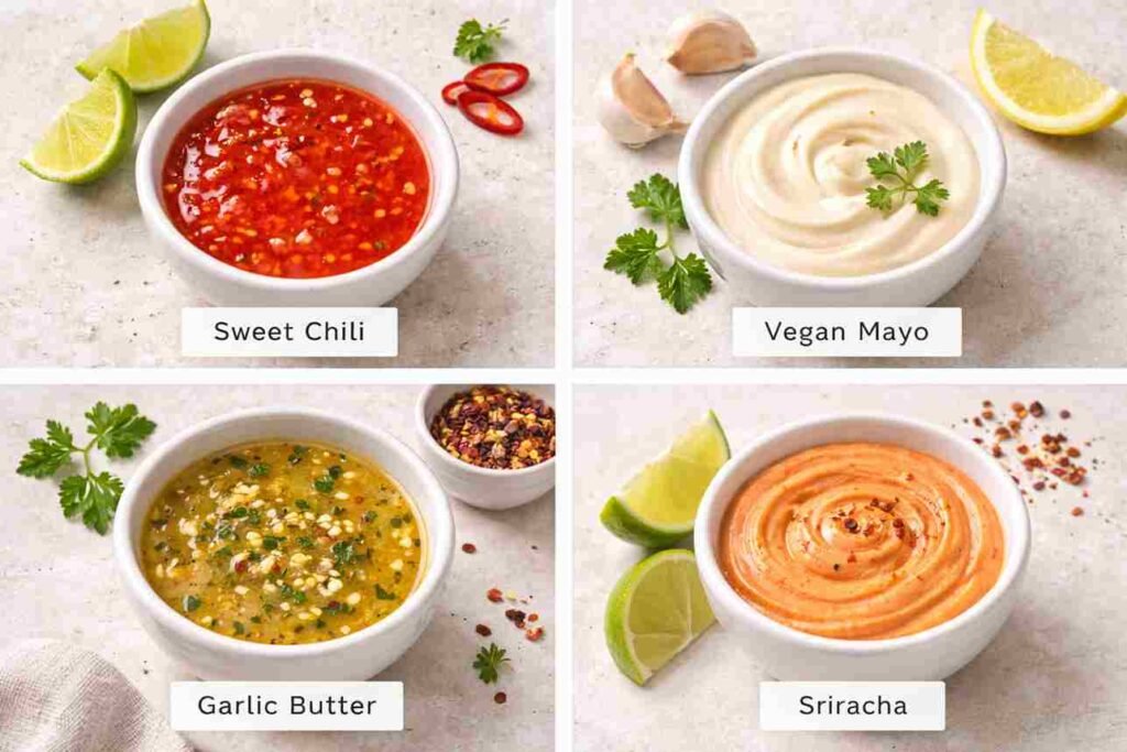 best dipping sauces for vegan prawns sweet chili vegan mayo garlic butter sriracha