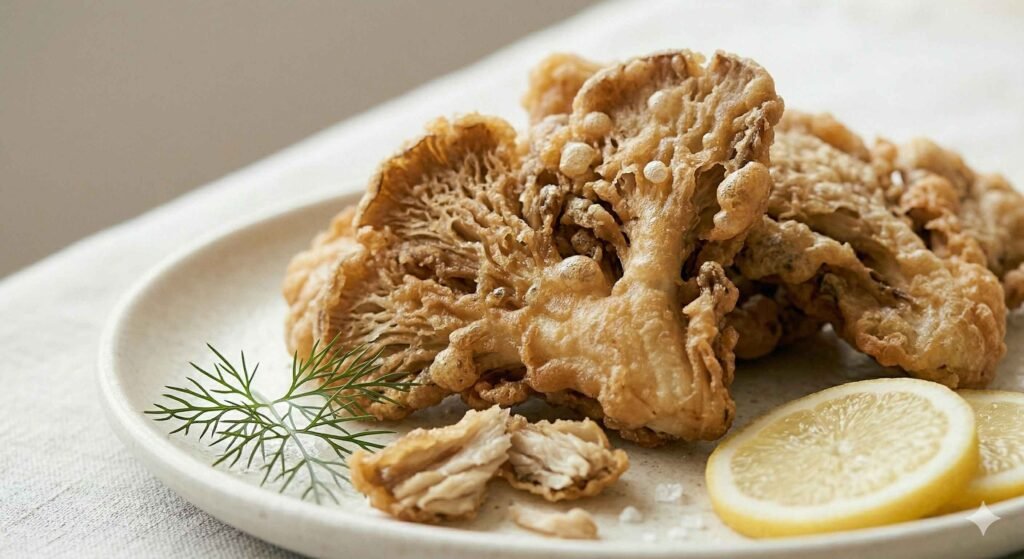 Fried oyster mushrooms used as vegan fish alternative