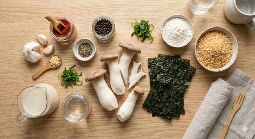 ingredients for vegan prawns recipe mushrooms nori breadcrumbs plant based cooking