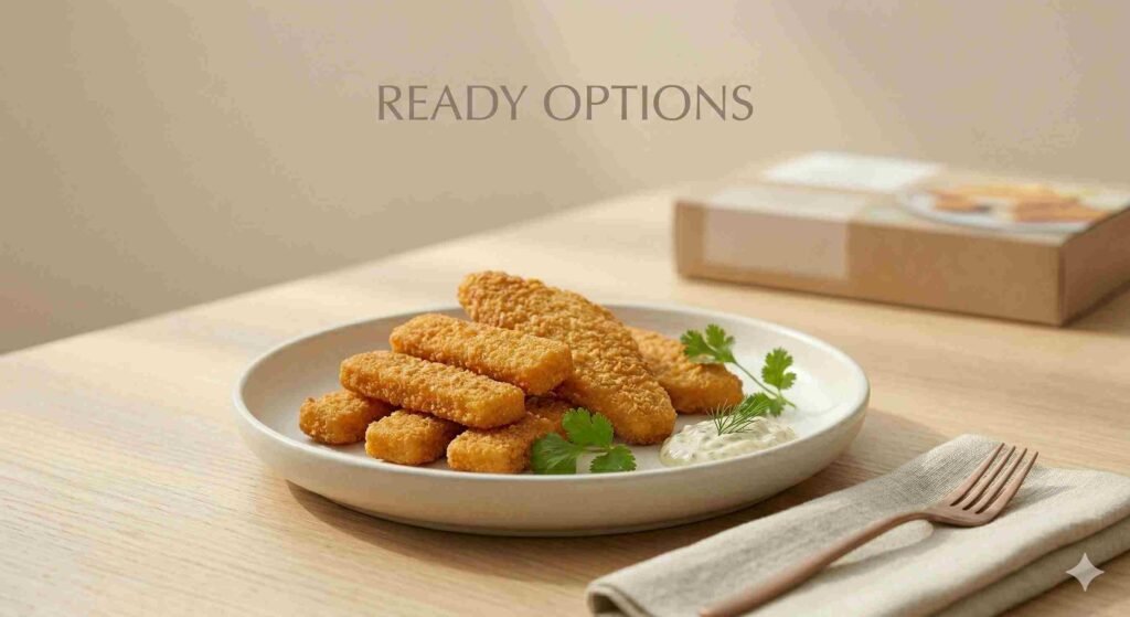 Ready-to-eat vegan fish fingers and plant-based seafood products