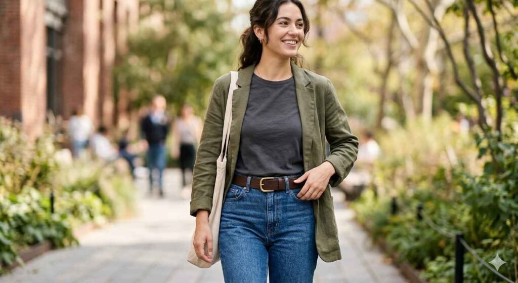 person wearing vegan leather belt casual outfit