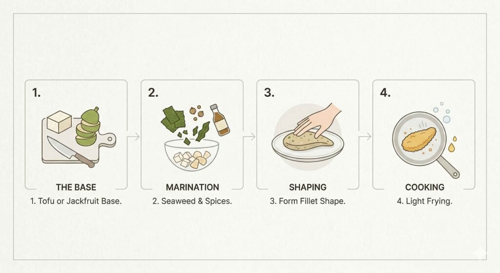 Steps showing how vegan fish is made from plant-based ingredients