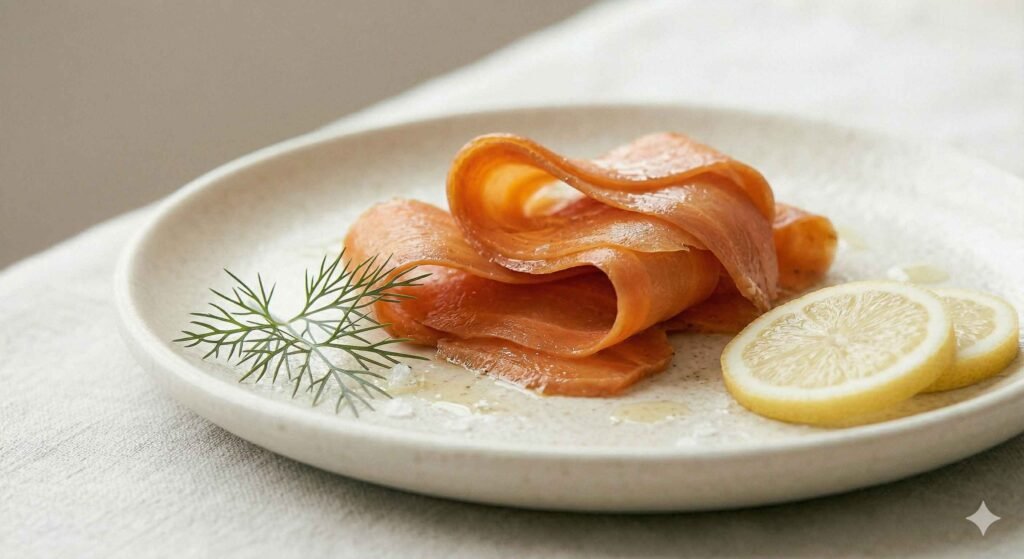 Thin sliced carrot styled as vegan smoked salmon