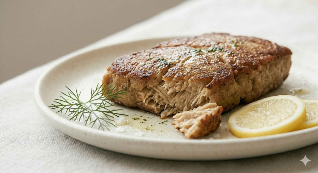 Seitan vegan fish fillet with firm texture and plant-based protein