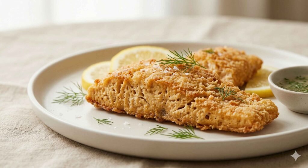 Crispy tofu vegan fish fillet served with lemon and herbs