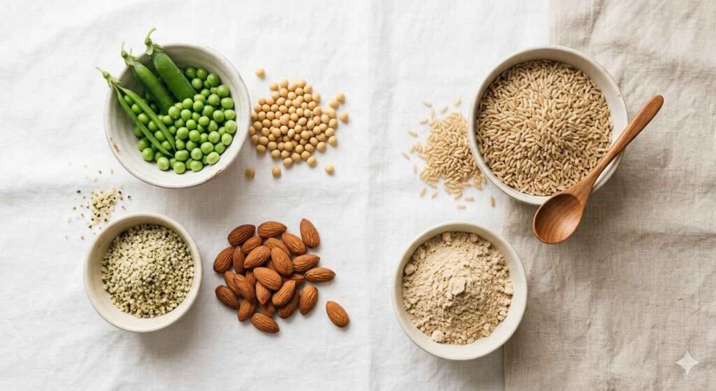 “vegan protein sources pea soy rice hemp seeds healthy foods”