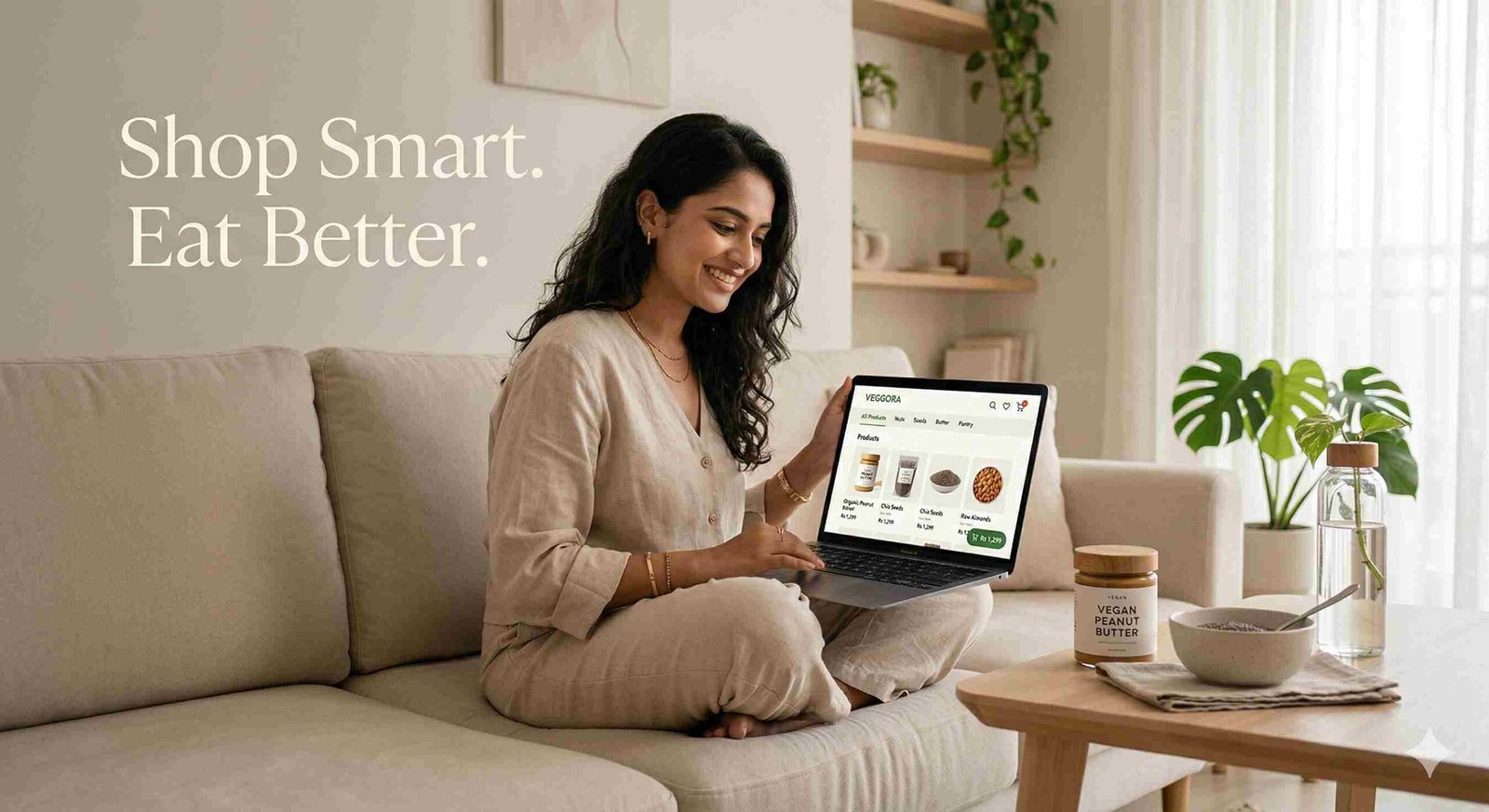 Young woman shopping vegan products online on VegGora website with healthy plant-based foods at home